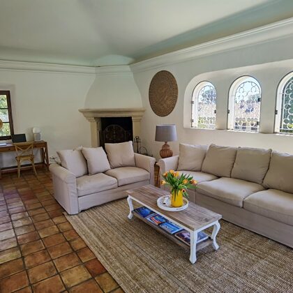 living room with chimney