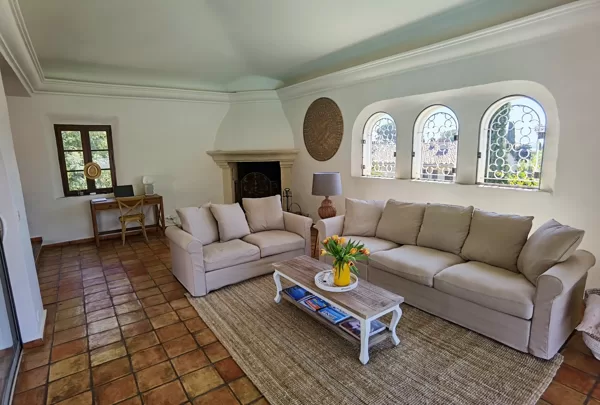 living room with chimney